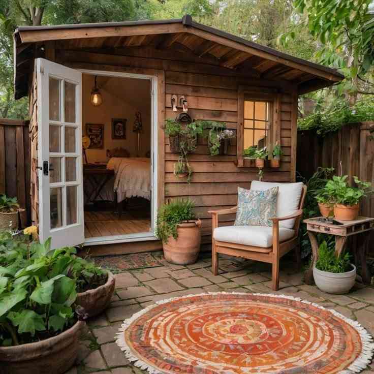 Wooden she room and a wooden chair with a vintage rug and some plants outside the room