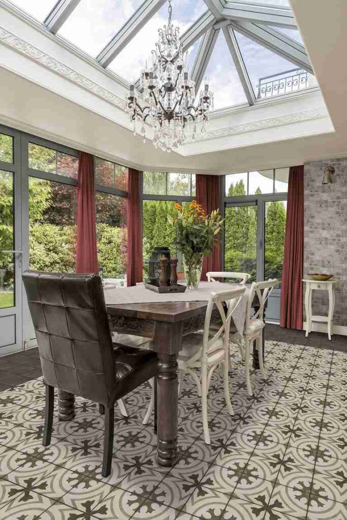 White and brown tile flooring and wooden dining table and chair and a sunroof