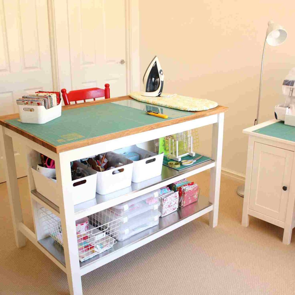 White bins under the cabinet with a wooden top