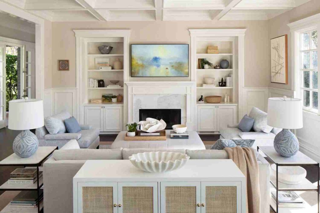 White cabinet behind sofa and a ceramic bowl on it and built-in wall storage unit 