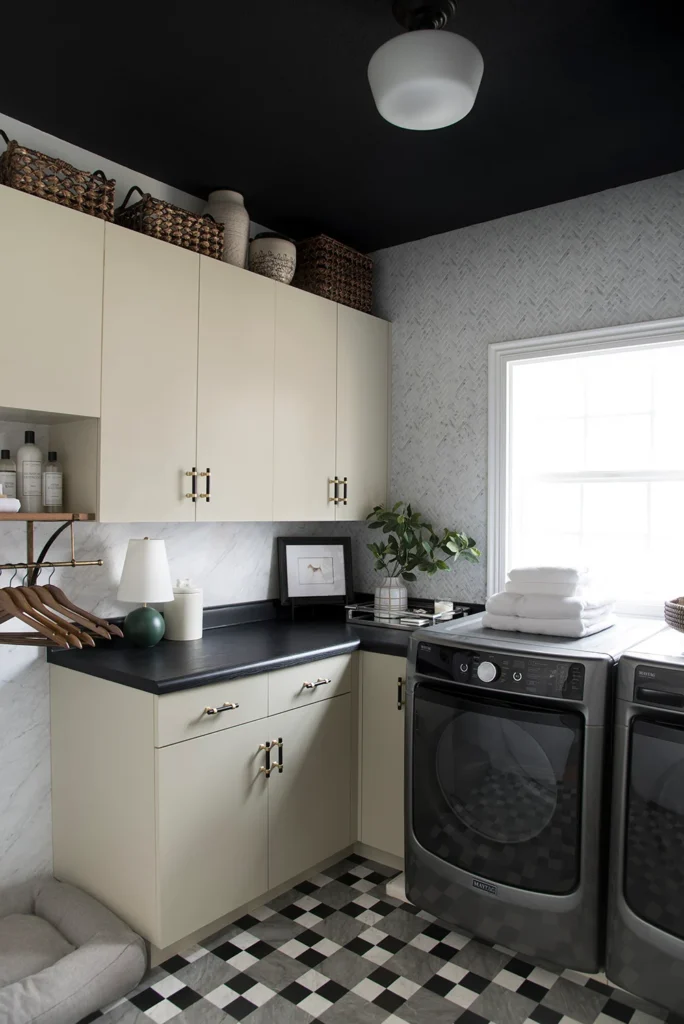 White ceiling lamp with two black matte washing machine and black ceiling 