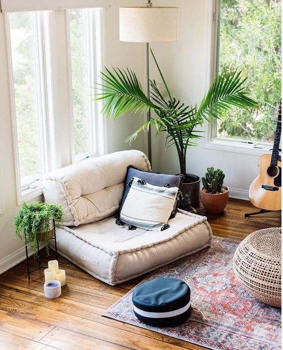 A plant in the corner ad a floor sofa with pillow on it and a rug