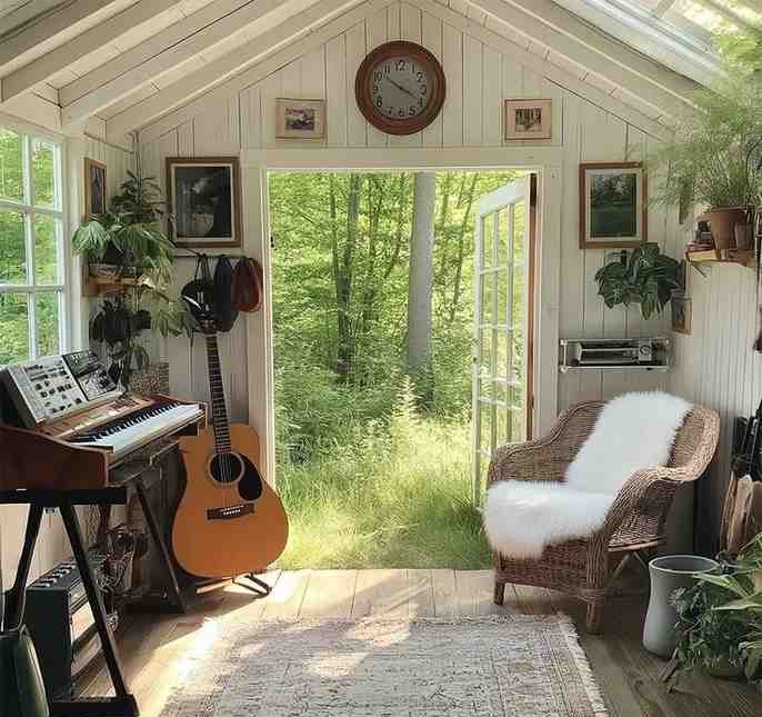 Wooden white cabin she room with music equipment's in it 
