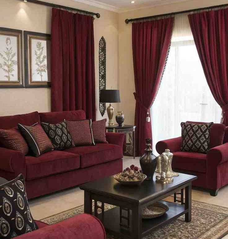 White sheer curtain and burgundy color dark curtain with it and burgundy color sofa