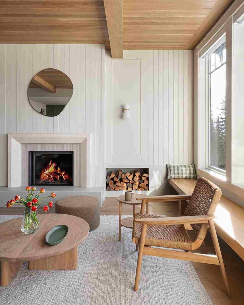 White wall and a fireplace a wooden table and a rattan chair on a rug