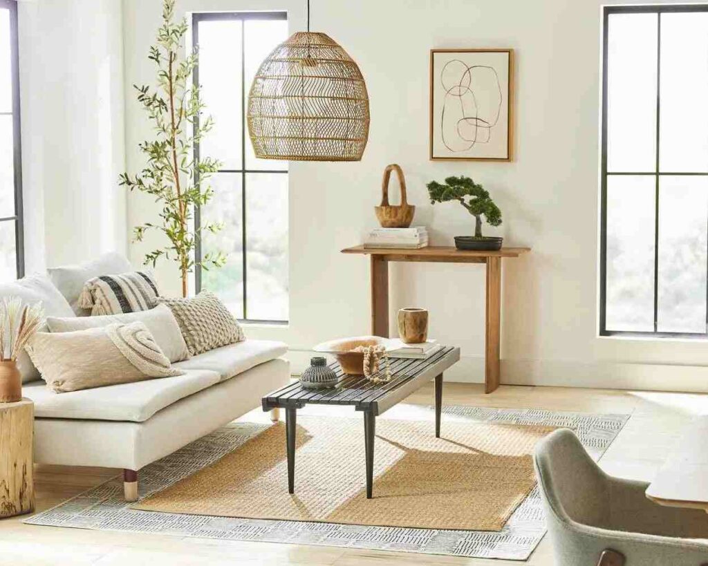 White walls and a wooden table and a rug under it with a sofa and a ceiling lamp
