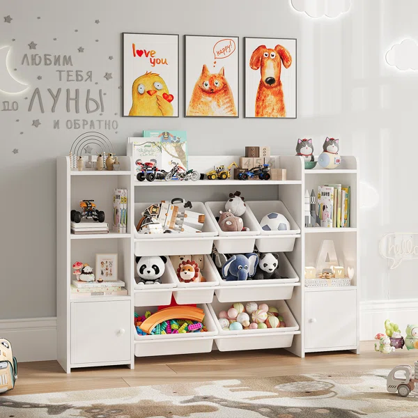 White wooden storage with cubes in it for toys