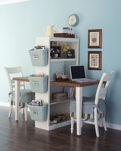 Blue wall an a white study desk with side basket for storage