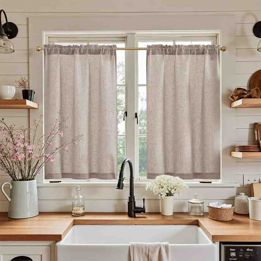 Linen curtains on wooden window and a wooden table top for laundry cabinet