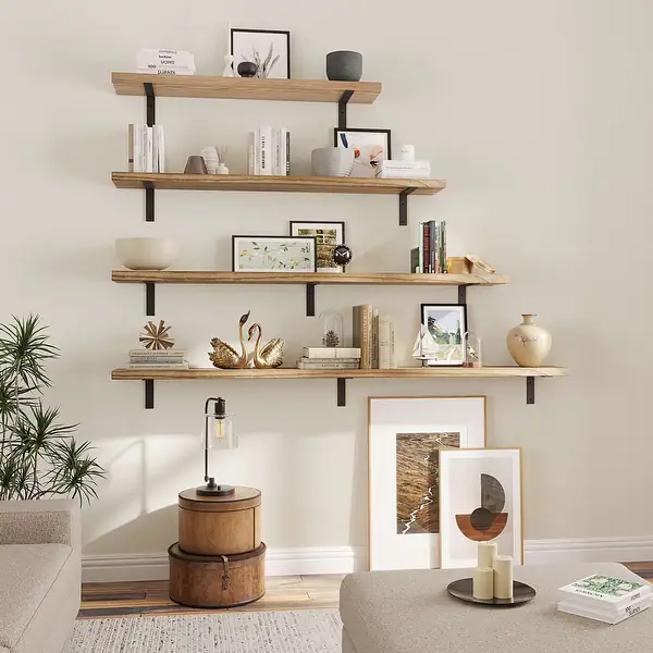 Wooden and metal floating shelves on wall in yoga room