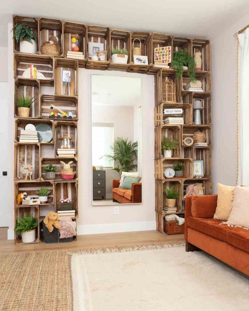 Wooden crate as a built-in cabinet on a door frame and a sofa