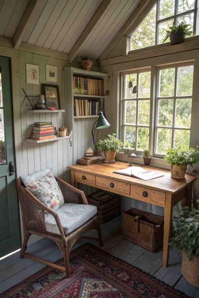 Wooden brown desk and a rattan chair and floating shelves with book in it for the she room 