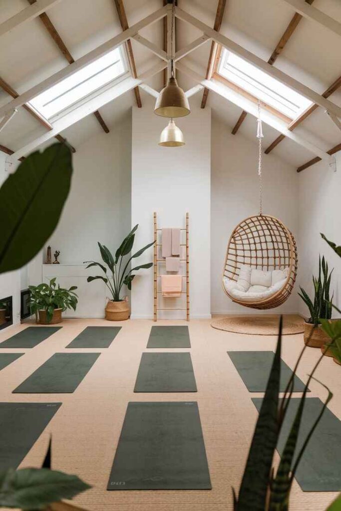 Two ceiling lamp white wall and green yoga mats on floor with a hanging chair