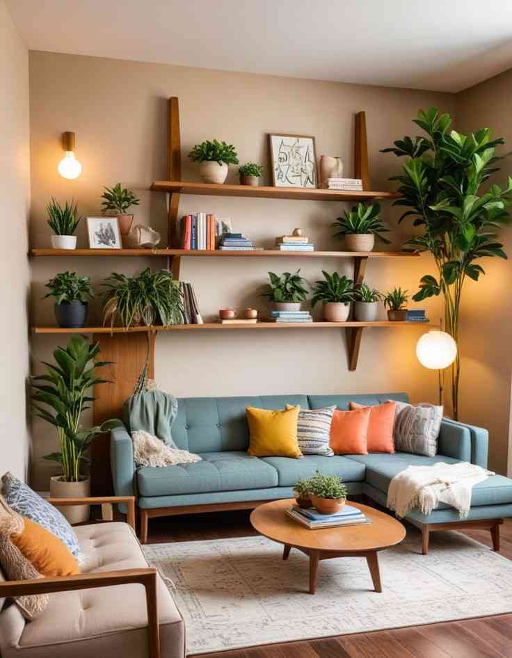 Wooden frame teal sofa and a center table with wooden floating shelves above it