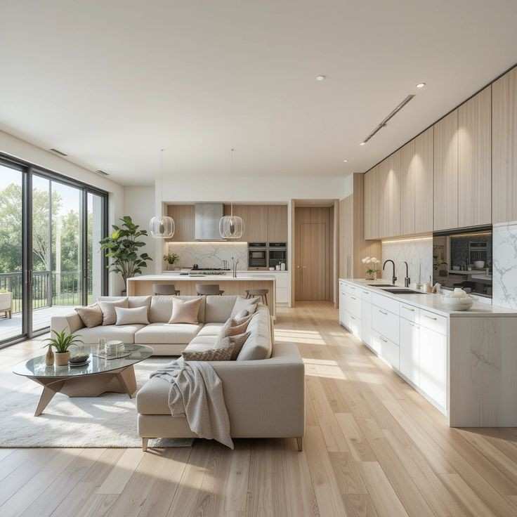 White kitchen counter and wooden flooring and kitchen cabinet