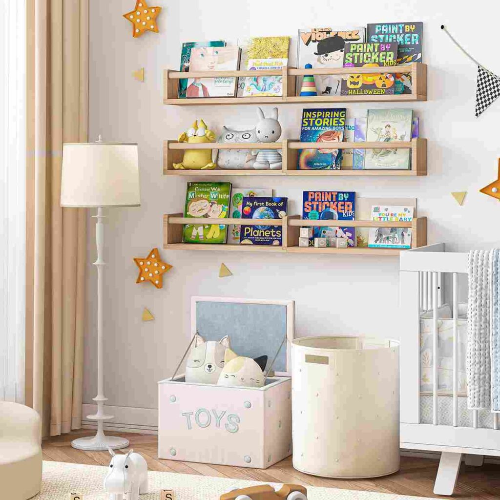 Floating wooden shelves and white basket under it and a side floor lamp
