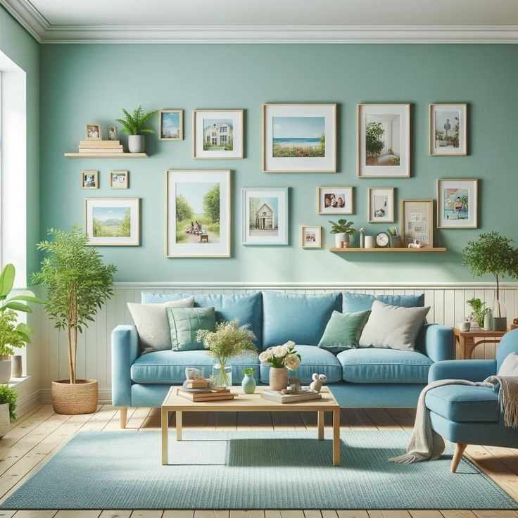 Wooden frame White border art frames and teal rug and sofa