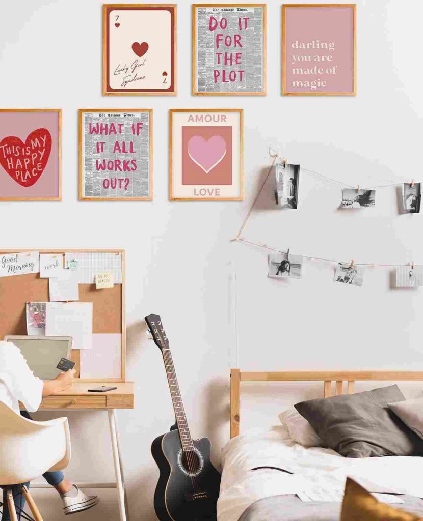 Wooden frames for the quotes hanging on wall above the bed