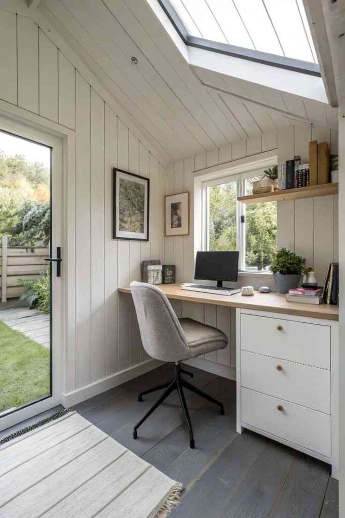 White color desk and a chair with a window above it for the home office