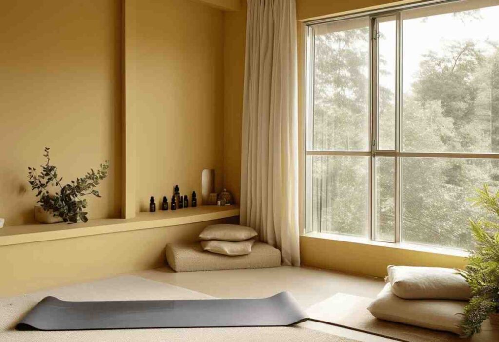 Yellow color walls and a yoga mat on floor of the yoga room