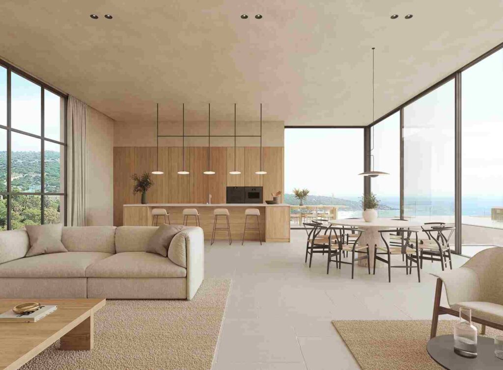 Concrete flooring and rug under the sofa and a wooden wall cabinet 