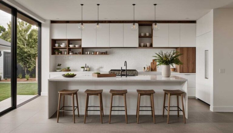 a-kitchen-has-a-clean-and-simle-design-with-white-cabinets-a-white-island-counter-and-four-wooden-stool