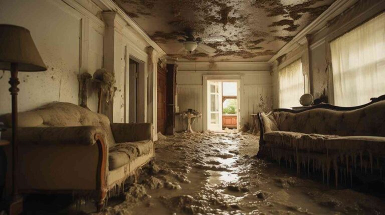 the-floor-is-covered-in-a-thick-layer-of-dried-mud-sediment-and-ceiling-is-damaged-with-dark-stains-peeling-plaint-a-sofa-and-armchair-are-visible