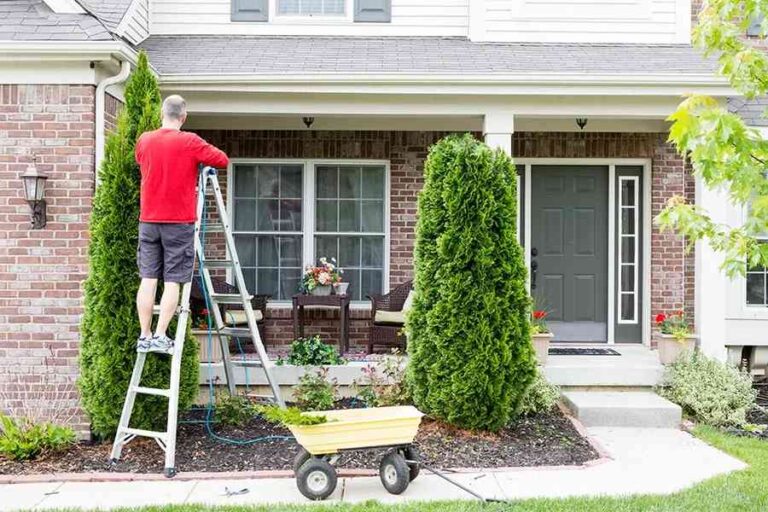 outdoor-scene-of-a-person-engaged-in-home-maintenance-a-man-is-standing-on-a-steel-ladder