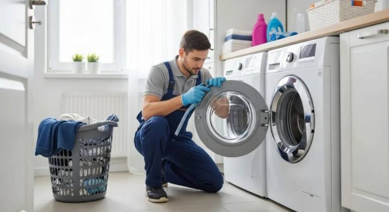 a-professional-appliance-repair-technician-kneeling-in-front-of-a-white-front-load-washing-machine