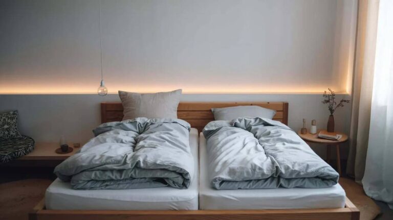 modern-bedroom-setup-two-separate-light-blue-or-slate-gray-twin-sized-comforters-sit-side-by-side-on-a-single-large-bed-frame
