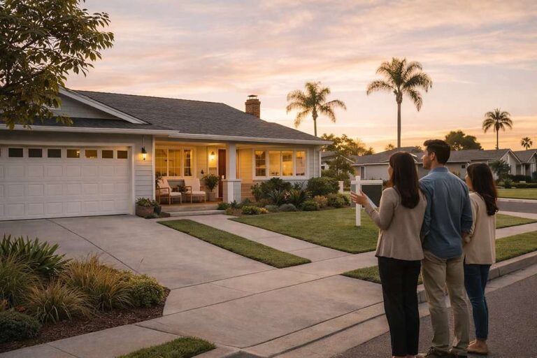 three-people-viewing-a-single-story-ranch-style-home-the-house-features-a-prominent-white-double-garage-a-front-lawn-and-palm-trees-in-the-background