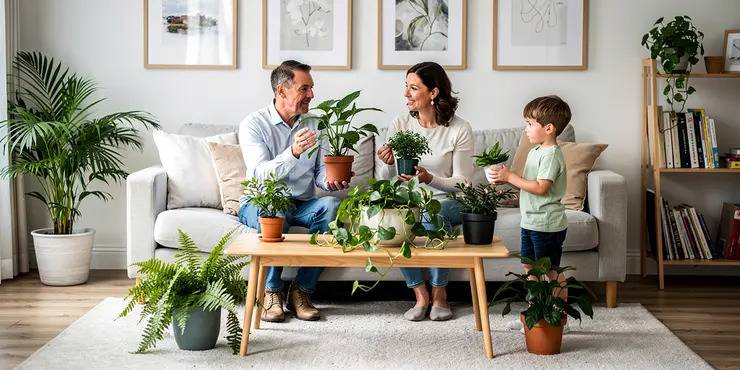 Creating a Healthier Indoor Environment During Summer a-cheerful-family-sitting-in-a-bright-modern-living-room-they-are-actively-engaged-in-potting-and-caring-for-green-indoor-plants