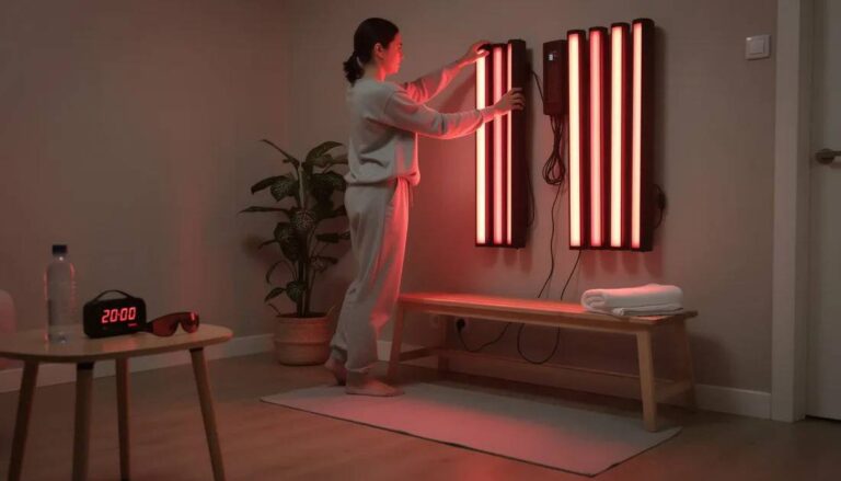 a-person-setting-up-a-home-red-light-therapy-station-featuring-vertical-LED